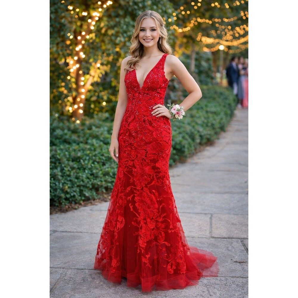 Jovani 60283 Red Plunging Neckline Embellished Dress Women’s Size 2 Prom‎ NWT